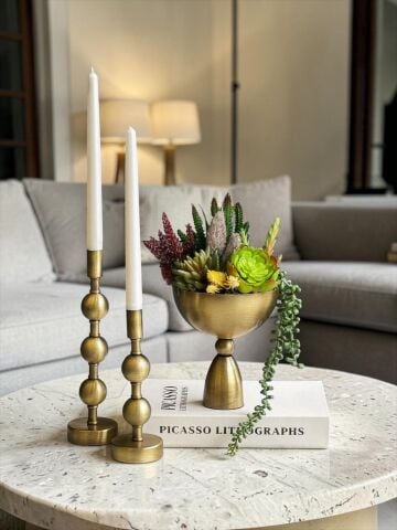 Huni Ayaklı Top Saksı Sukulent & 2’li Dekoratif Top Şamdan + Mum – Eskitme