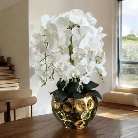 Benekli Gold Saksı 6 Dal Beyaz Orkide Aranjmanı