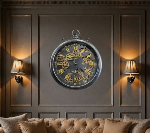Çarklı Duvar Saati – 60 cm / Gümüş Gold