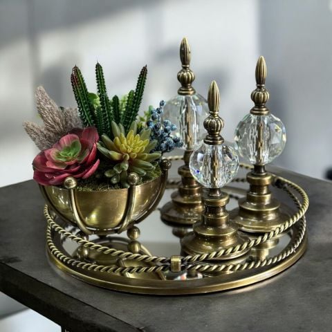 Zincir Tepsi & 3'lü Alem & Ahtapot K. Sukulent Aranjmanı 5 Parça Set Eskitme