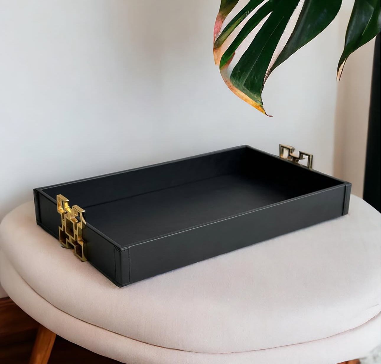 Detay Model Dikdörtgen Deri Tepsi Siyah