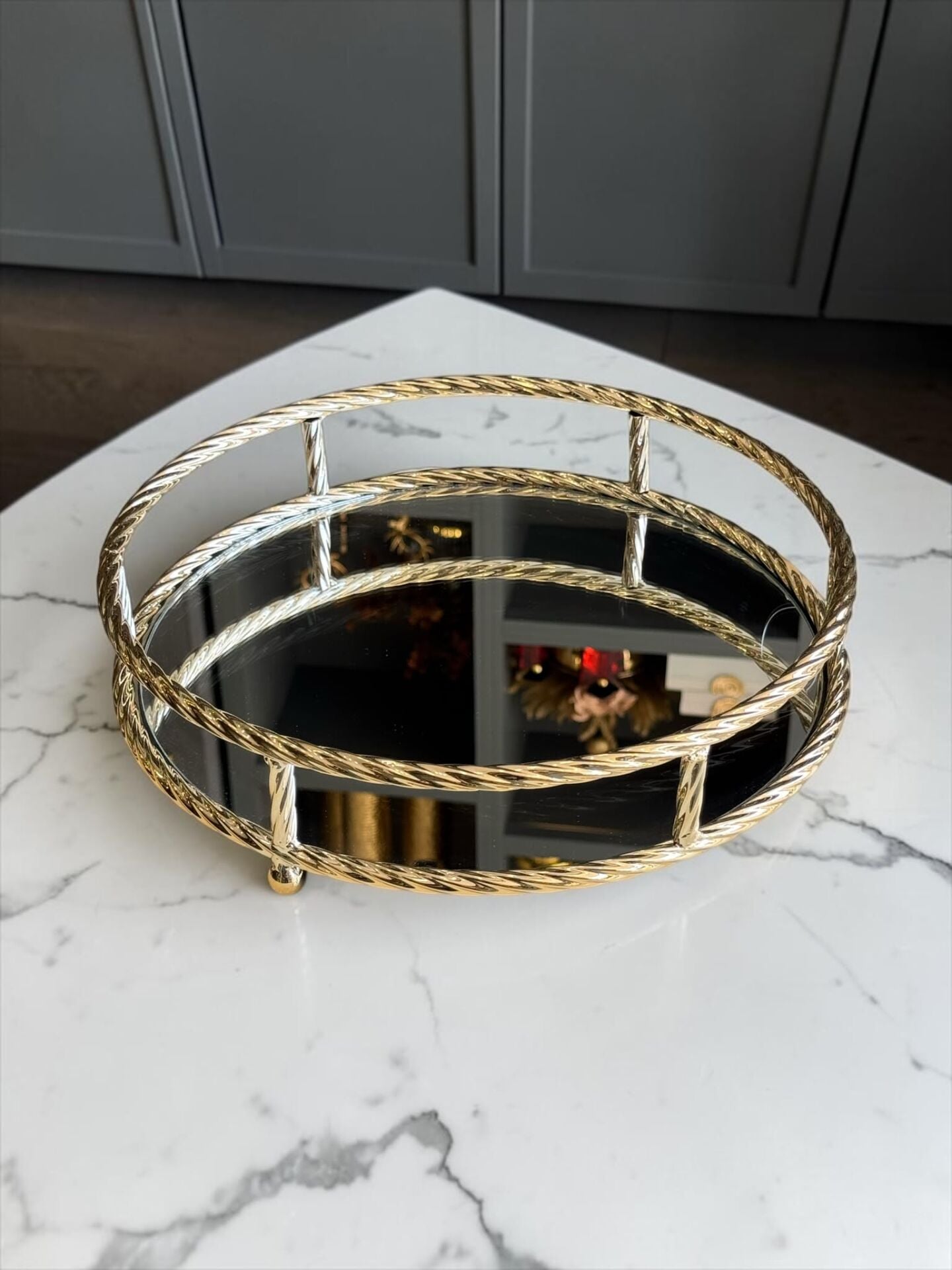 Yuvarlak Cam Tepsi Zincir – Gold Büyük